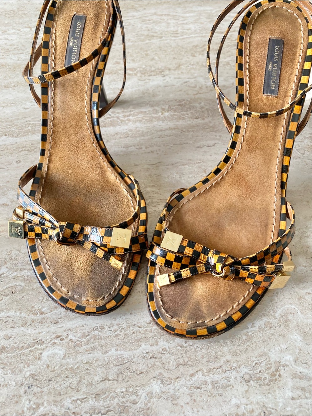 Vintage Louis Vuitton Damier LV Bow Ankle Strap Sandal Heels - Picture 4 of 8